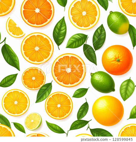 Vibrant Citrus Fruit Pattern: Slices of Oranges and Limes with Green Leaves on White 128599845