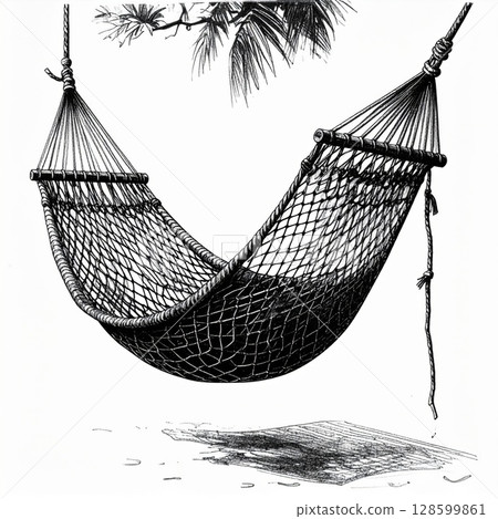 Black and White Illustration of Woven Hammock Hanging Outdoors 128599861