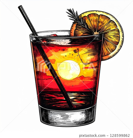 Sunset Cocktail Illustration with Orange Slice 128599862