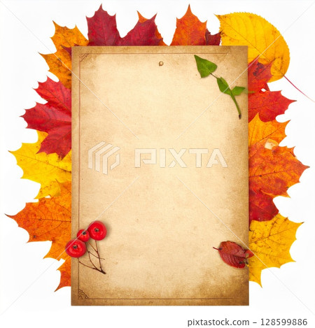 Aged Paper with Autumn Leaves Border 128599886