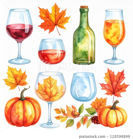 Autumn Watercolor Still Life with Wine, Pumpkins and Leaves Autumn Watercolor Still Life with Wine, Pumpkins and Leaves 128599899