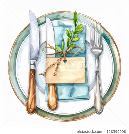 Watercolor Place Setting with Greenery and Place Card Watercolor Place Setting with Greenery and Place Card 128599908