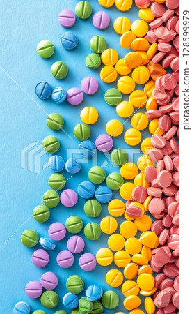 Rainbow of Colorful Pills Arranged on a Blue Background, Healthcare and Medicine Concept 128599979