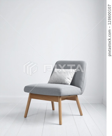 Grey Upholstered Armchair on White Wooden Floor 128600107
