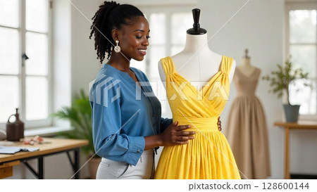 Creative African American Fashion Designer Adjusting a Yellow Dress on a Mannequin 128600144
