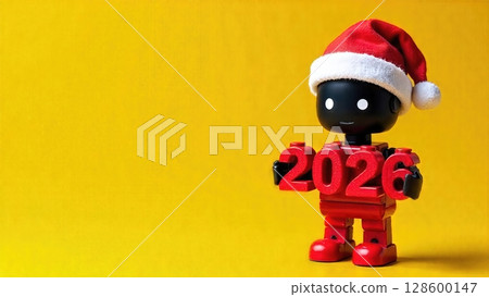 Festive Robot Celebrating 2026 with Christmas Hat on Yellow Background. Isolated modern figure. Festive Robot Celebrating 2026 with Christmas Hat on Yellow Background. Isolated modern figure. 128600147