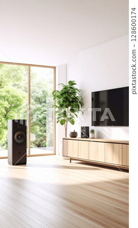 Bright Minimalist Living Room with Natural Light 128600174