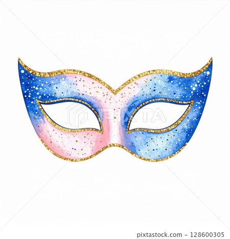 Pink and Blue Watercolor Masquerade Mask with Gold Glitter 128600305