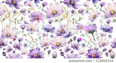 Hand drawn purple cosmos flower seamless pattern. Exotic floral pattern design for fabric, textiles, clothing. Seamless background with purple cosmos flowers. Not AI, Vector illustration Hand drawn purple cosmos flower seamless pattern. Exotic floral pattern design for fabric, textiles, clothing. Seamless background with purple cosmos flowers. Not AI, Vector illustration 128600318