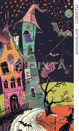 Whimsical Halloween illustration of spooky haunted houses, flying bats, glowing pumpkins, and crooked trees under a surreal dotted sky Whimsical Halloween illustration of spooky haunted houses, flying bats, glowing pumpkins, and crooked trees under a surreal dotted sky 128600322