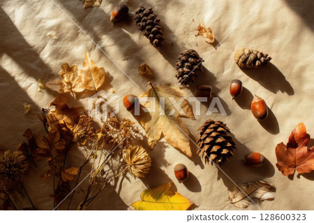 Warm autumn composition featuring dry leaves, acorns, pinecones, and botanical textures on paper with soft sunlight and natural shadows Warm autumn composition featuring dry leaves, acorns, pinecones, and botanical textures on paper with soft sunlight and natural shadows 128600323