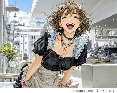 Maid cafe illustration material of a smiling woman welcoming customers 128600503