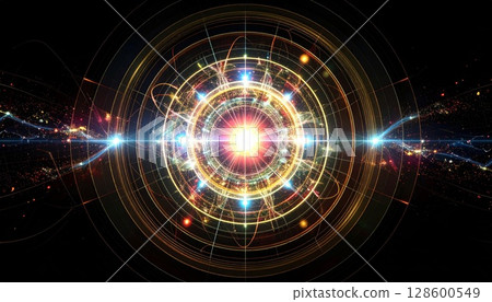 Abstract Cosmic Energy: Glowing Gold Circles and Bright Light 128600549