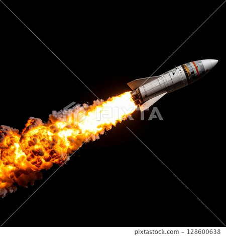 Fiery Rocket Launch Against Black Background 128600638
