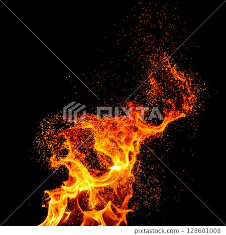 Fiery Orange and Red Flames Against Black Background Fiery Orange and Red Flames Against Black Background 128601008