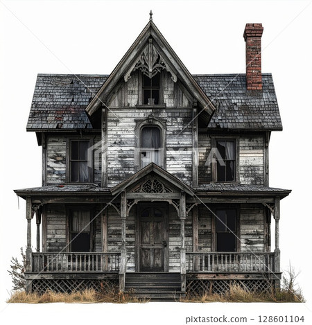Old Abandoned Gray Wooden House with Broken Windows 128601104