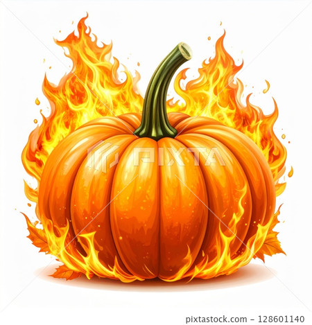 Fiery Orange Pumpkin in Bright Flames 128601140