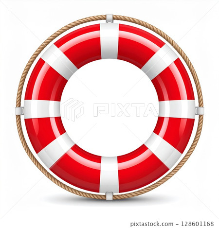 Red and White Lifebuoy with Rope on White Background 128601168