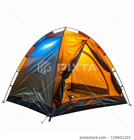 Orange and Blue Dome Tent on White Background 128601203