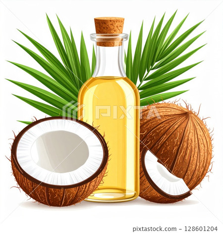 Yellow Coconut Oil in Glass Bottle with Palm Leaves 128601204