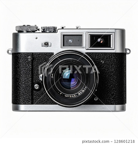 Vintage Silver and Black Camera on White Background Vintage Silver and Black Camera on White Background 128601218