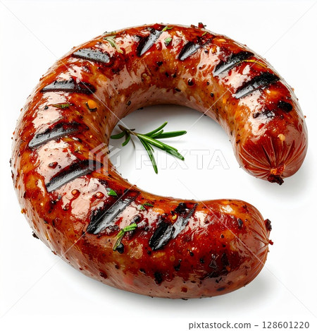 Grilled Ring Sausage with Rosemary on White Background 128601220