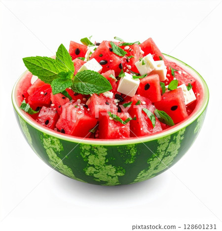 Refreshing Watermelon Feta Salad with Mint and Sesame 128601231