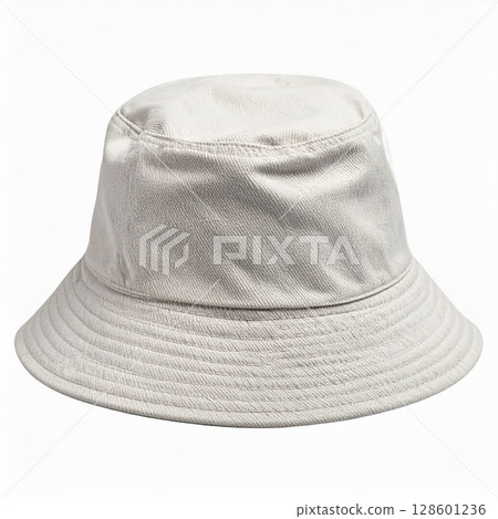 Beige Cotton Bucket Hat on White Background Beige Cotton Bucket Hat on White Background 128601236