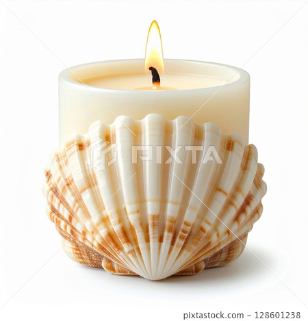 Burning Candle in Seashell Holder on White Background Burning Candle in Seashell Holder on White Background 128601238