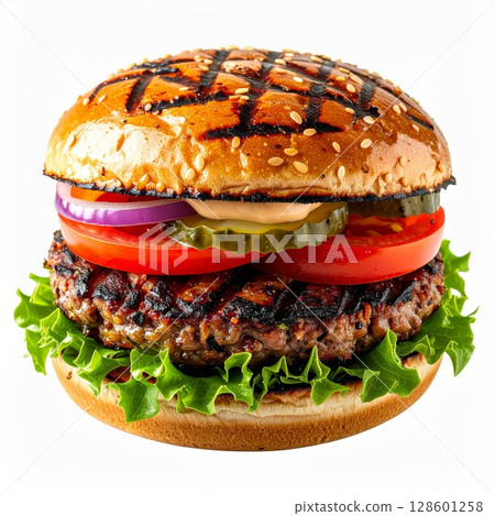 Juicy Grilled Beef Burger with Sesame Bun 128601258