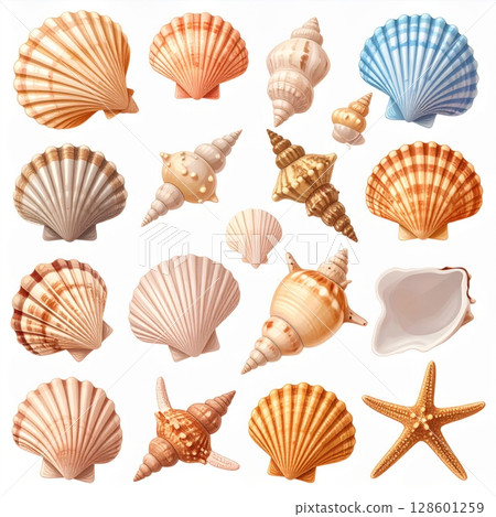Colorful Seashell and Starfish Collection on White Background 128601259