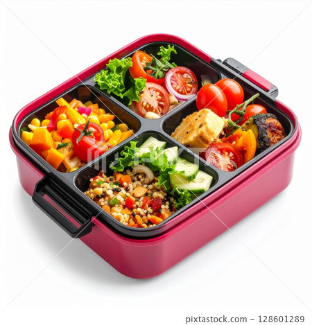 Pink Plastic Lunchbox with Healthy Meal 128601289