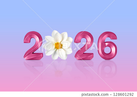Merry Christmas and New Year 2026 greeting card. Pink numbers 2026 New Year and white dahlia flower on pink blue gradient background. Merry Christmas and New Year 2026 greeting card. Pink numbers 2026 New Year and white dahlia flower on pink blue gradient background. 128601292