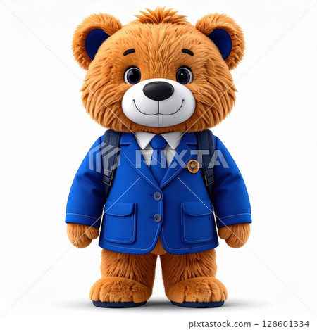 Brown Teddy Bear in Blue Suit and Backpack 128601334
