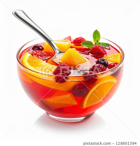 Red Fruit Salad with Orange Slices in Glass Bowl 128601394