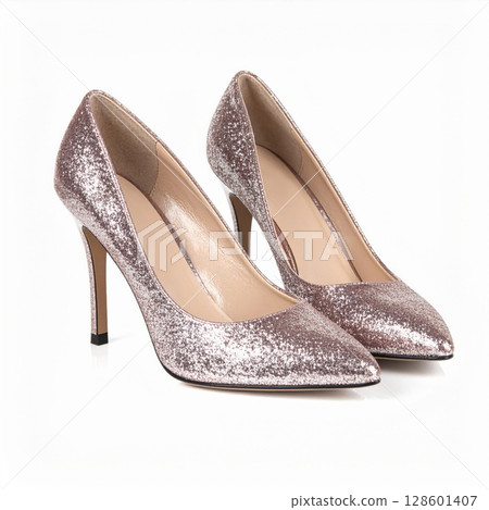 Pink Glitter High Heels on White Background 128601407