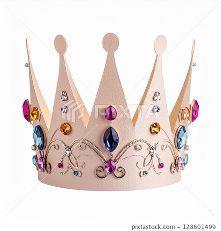 Beige Glittery Crown with Colorful Gemstones 128601499