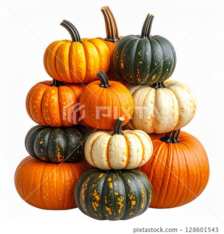 Stack of Colorful Pumpkins on White Background 128601543