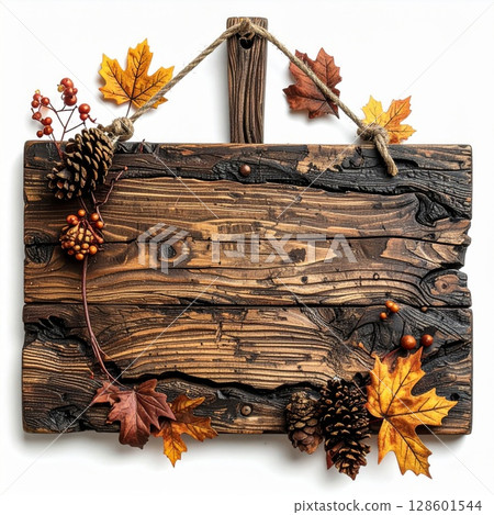Rustic Wooden Sign with Autumnal Decor 128601544