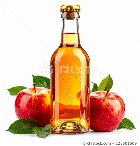 Golden Apple Cider in Bottle with Red Apples 128601609