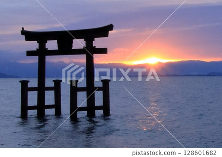 滋賀縣琵琶湖上的鳥居，白須神社的日出 128601682