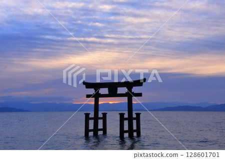 滋賀縣琵琶湖上的鳥居，白須神社的日出 128601701