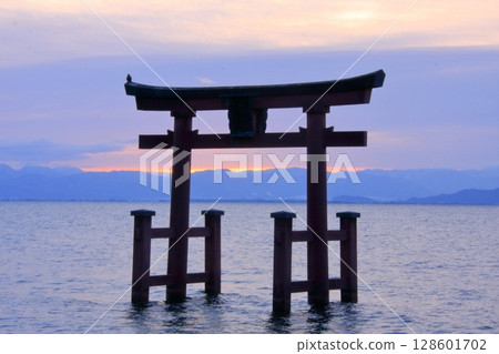 滋賀縣琵琶湖上的鳥居,白須神社的日出 滋賀縣琵琶湖上的鳥居,白須神社的日出 128601702