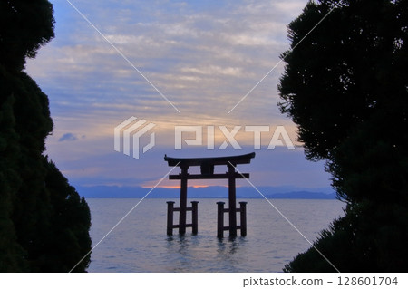 滋賀縣琵琶湖上的鳥居,白須神社的日出 滋賀縣琵琶湖上的鳥居,白須神社的日出 128601704