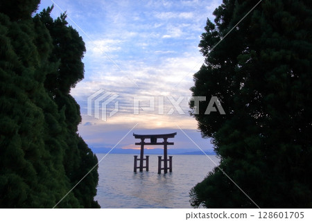 滋賀縣琵琶湖上的鳥居,白須神社的日出 滋賀縣琵琶湖上的鳥居,白須神社的日出 128601705