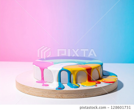 Colorful Dripping Cake on Wooden Board 128601731