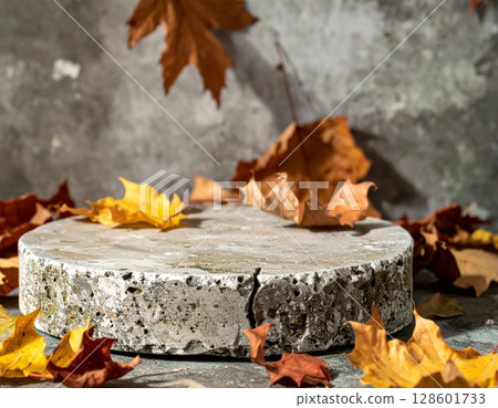 Gray Stone Autumn Display with Colorful Leaves 128601733