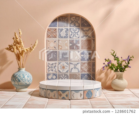 Pastel Tiles Display with Dried Flowers and Vase 128601762