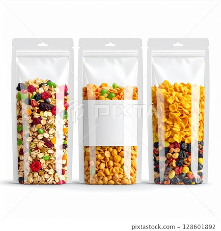 Three Clear Plastic Bags Filled with Granola and Other Snacks Three Clear Plastic Bags Filled with Granola and Other Snacks 128601892