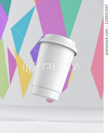 White Coffee Cup Mockup Against Pastel Geometric Background 128601897